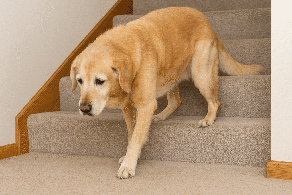 Managing Arthritis in Dogs
Dog showing stiffness while climbing stairs, symbolizing arthritis symptoms.