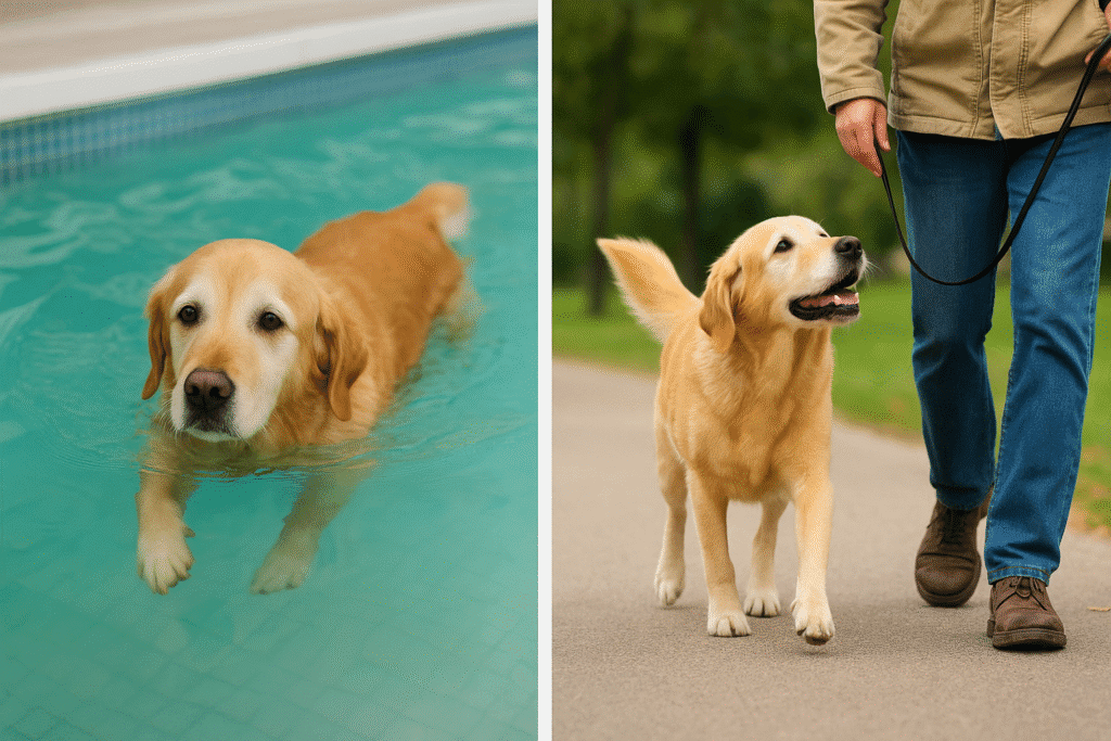 Managing Arthritis in Dogs
Dog swimming and walking with owner, symbolizing safe exercise for arthritis.