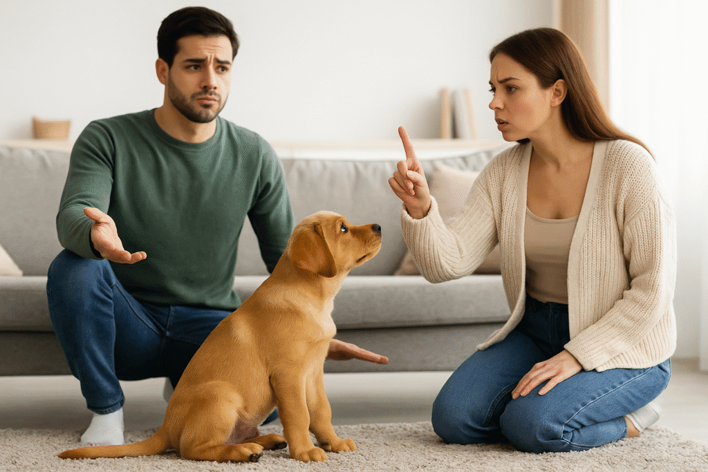 Top 7 Common Puppy Training Mistakes
Puppy looking confused as two owners give different commands, symbolizing inconsistent training mistakes.