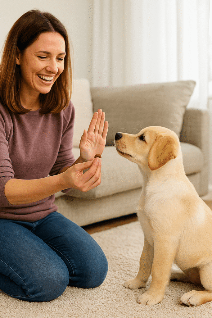 Top 7 Common Puppy Training Mistakes
Puppy receiving treat and praise during training, highlighting positive reinforcement.