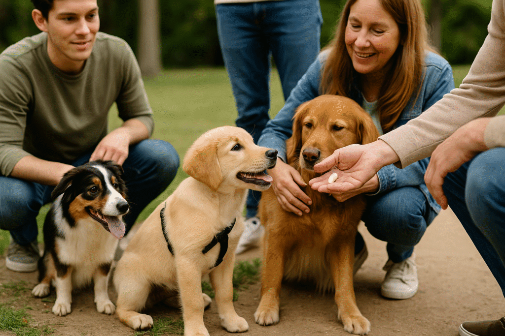Top 7 Common Puppy Training Mistakes
Puppy meeting other dogs and people outdoors, symbolizing early socialization.