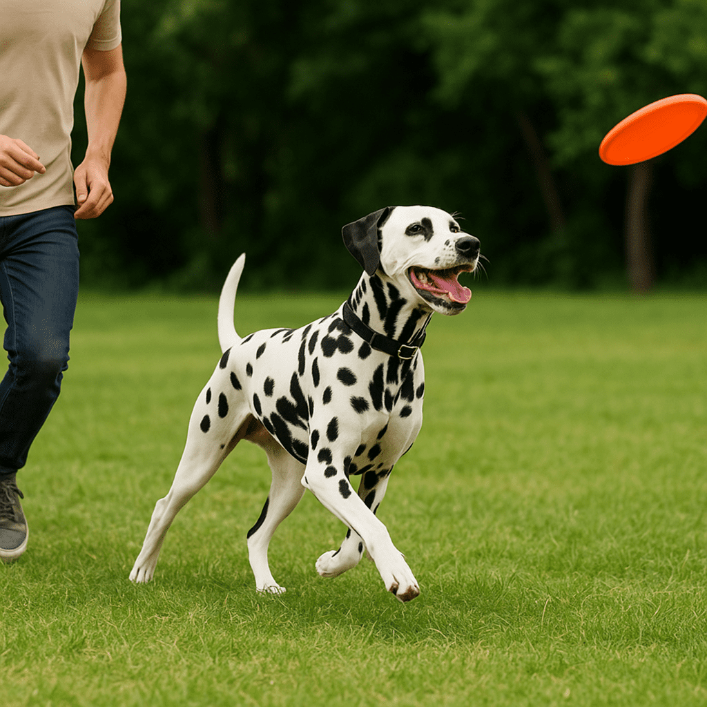 Dalmatian Dog Care Guide
Dalmatian running and playing fetch, symbolizing high exercise needs.