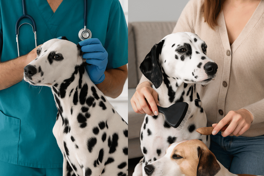 Dalmatian Dog Care Guide
Dalmatian at vet checkup and being groomed, symbolizing health and coat care.
