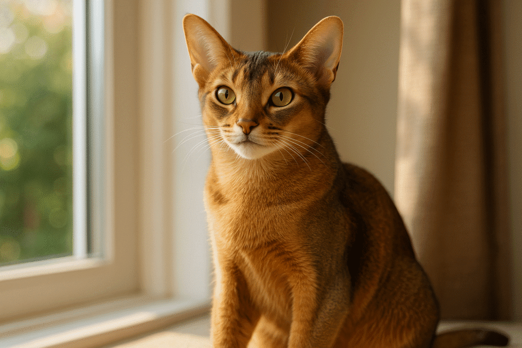 Abyssinian cat sitting by sunny window, symbolizing elegance, playfulness, and companionship.