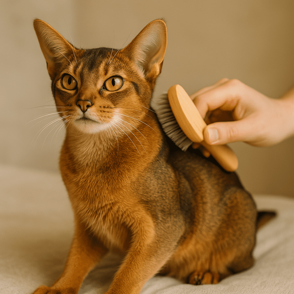 Abyssinian Cat Breed Guide
Owner brushing Abyssinian cat’s short coat, highlighting low grooming needs.