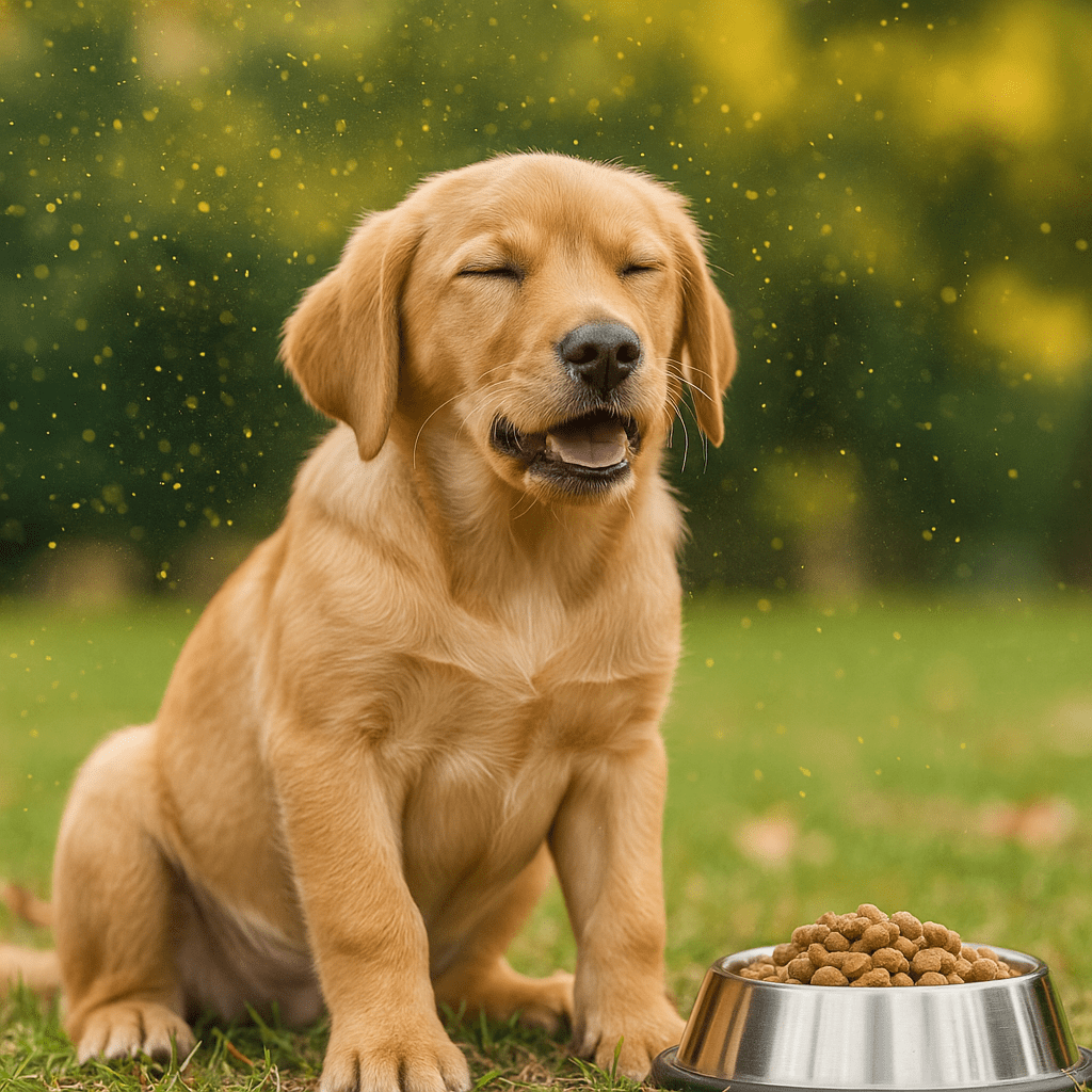Dog Allergies Explained
Dog surrounded by pollen and food bowl, symbolizing common allergy triggers.