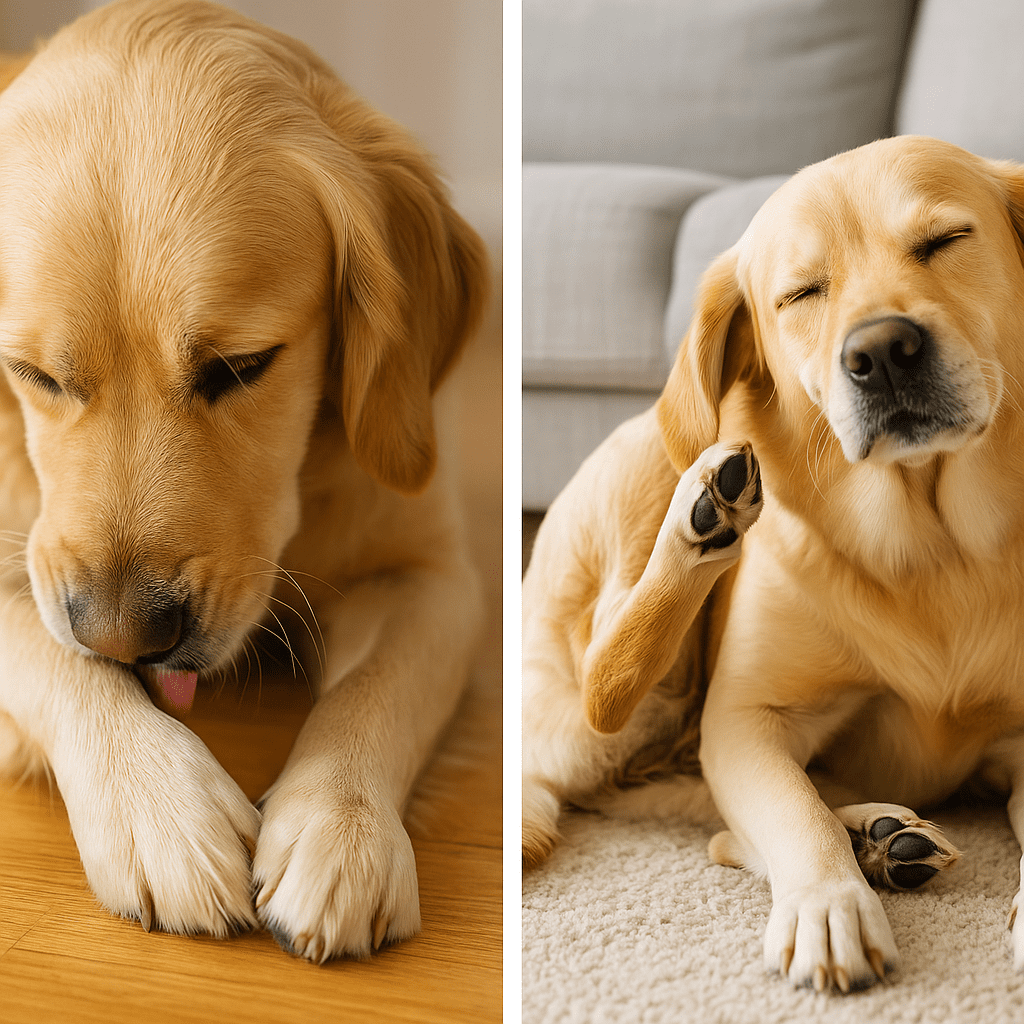 Dog Allergies Explained
Dog licking paws and scratching ears, highlighting allergy symptoms.