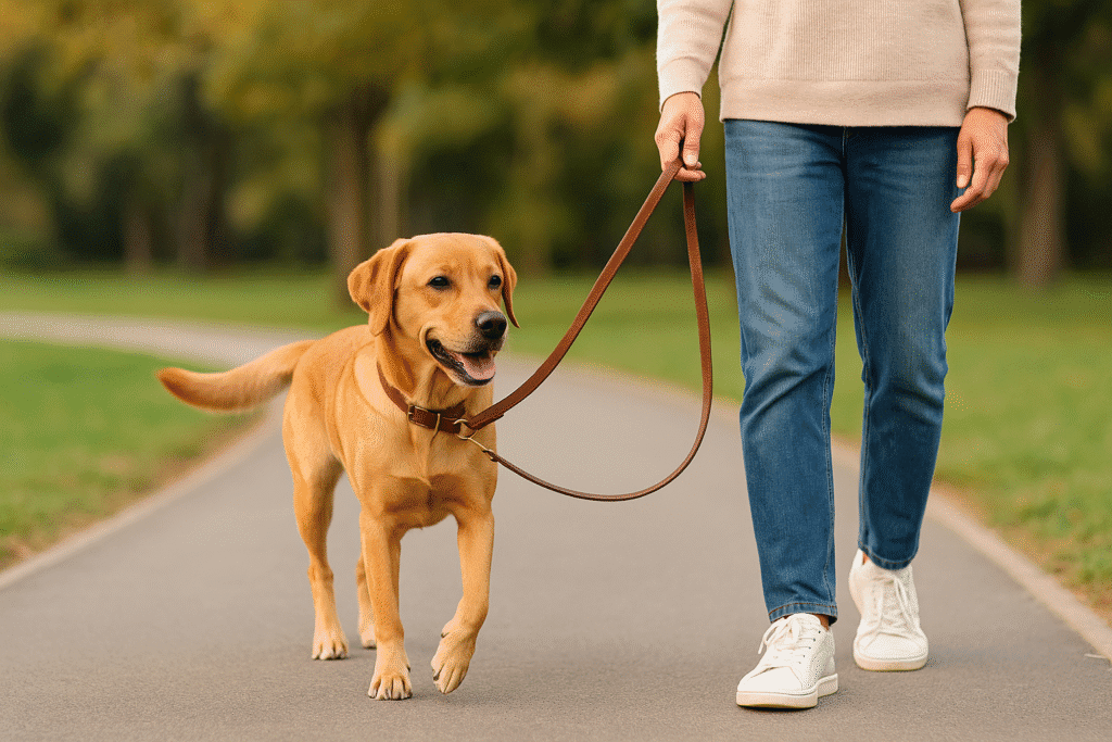 Dog calmly walking beside owner with loose leash, symbolizing relaxed walks.