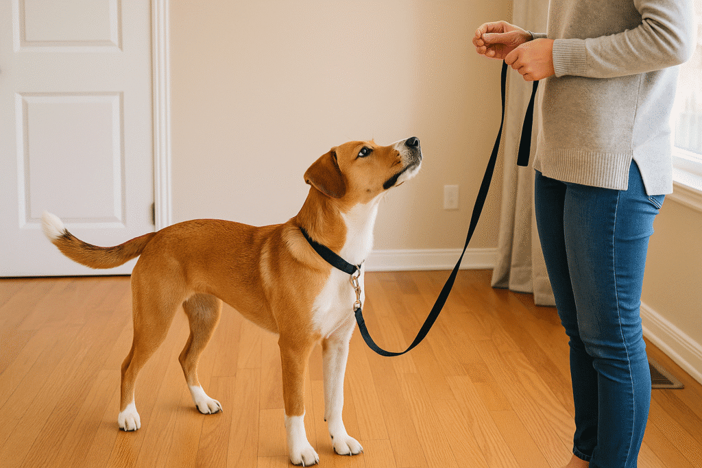 Loose Leash Walking Guide
Dog making eye contact with owner indoors, rewarded during leash training.