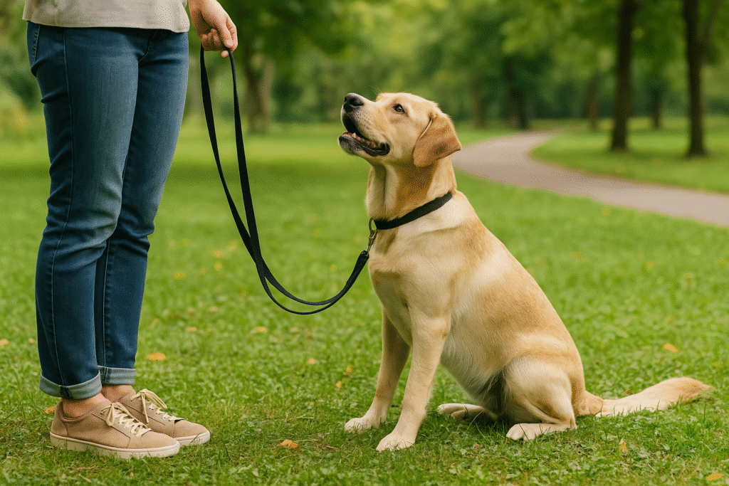 Loose Leash Walking Guide
Dog stopping during outdoor walk, learning loose leash walking with owner.