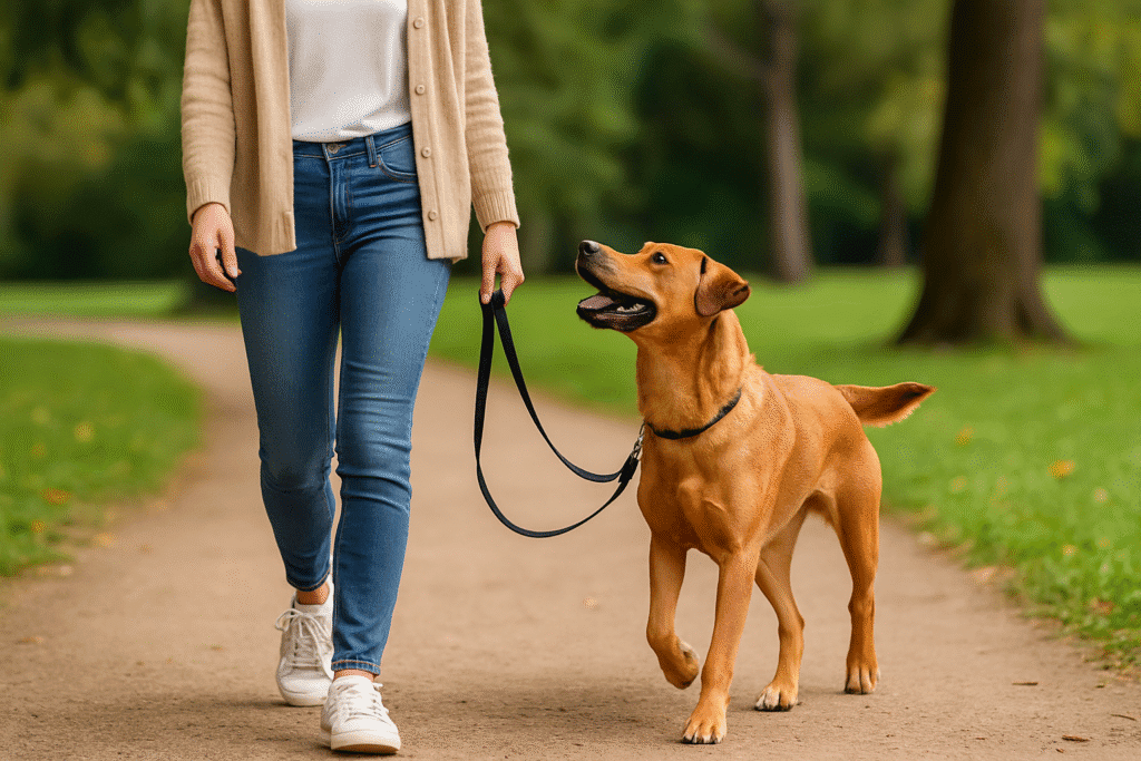 Loose Leash Walking Guide
Dog following owner’s direction change during leash training, showing focus and progress.