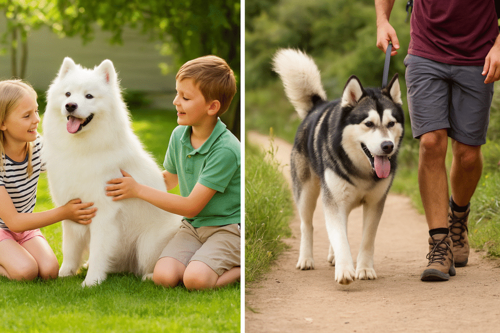 Samoyed vs Alaskan Malamute
Samoyed playing with kids vs Malamute hiking, showing personality and exercise needs.