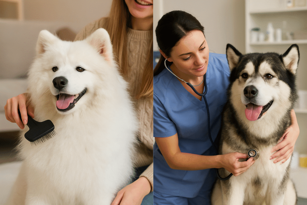 Samoyed vs Alaskan Malamute
Grooming Samoyed and vet examining Malamute, symbolizing coat care and health needs.