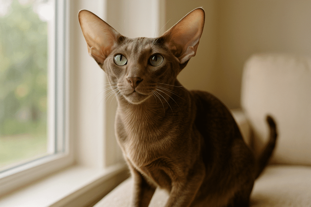 Oriental Shorthair cat with large ears sitting by window, symbolizing elegance and affectionate personality.