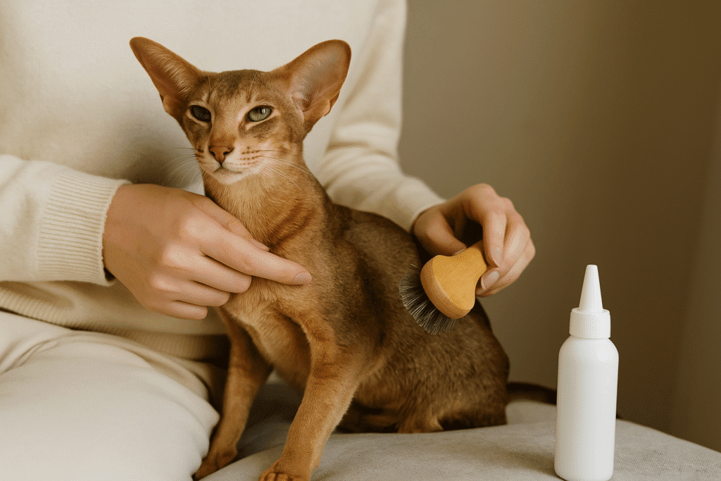 Oriental Shorthair Cat Guide
Owner grooming Oriental Shorthair cat, highlighting simple coat care.