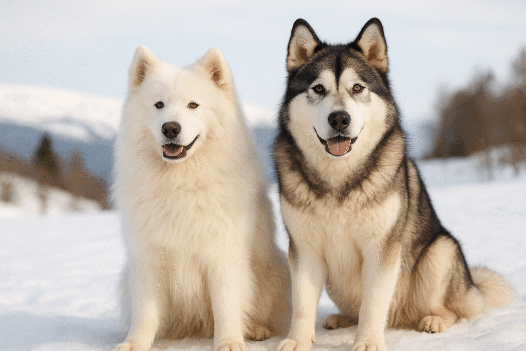 Samoyed and Alaskan Malamute sitting side by side, symbolizing comparison of two northern breeds.