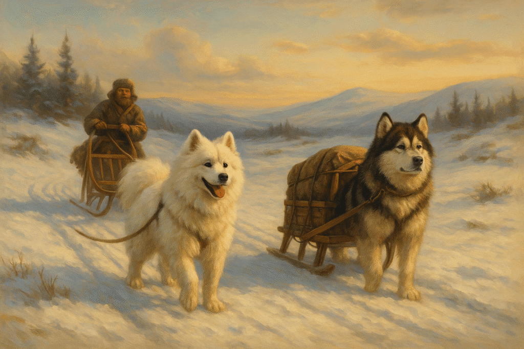 Samoyed vs Alaskan Malamute
Samoyed pulling sled and Alaskan Malamute hauling load, symbolizing breed origins.