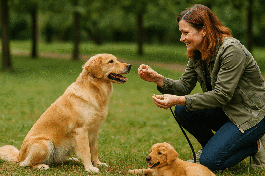 Top 7 Recall Training Mistakes
Owner rewarding dog with treat during recall training outdoors.