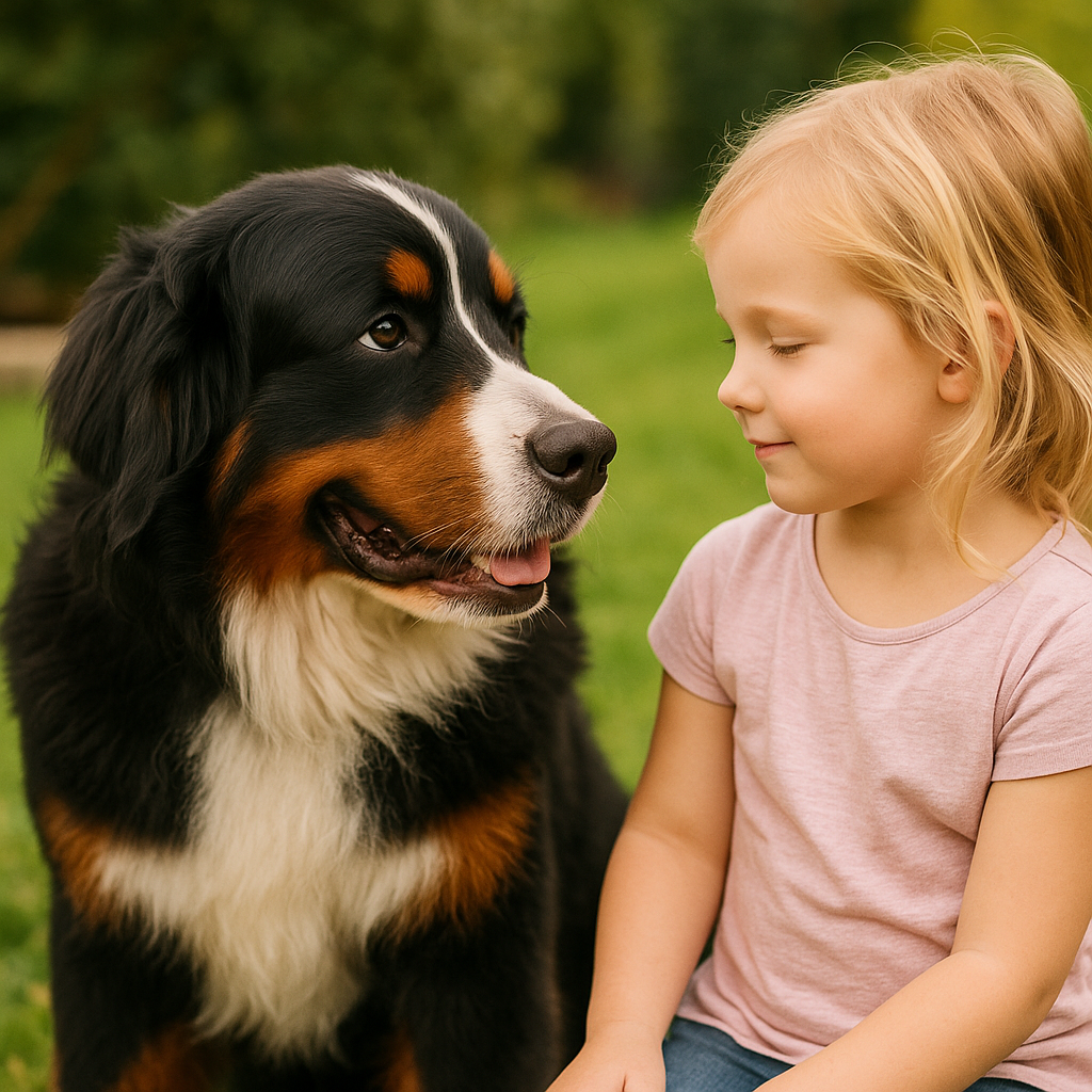 Bernese Mountain Dog Care Guide
Bernese Mountain Dog gently interacting with child, showing loyalty and gentleness.