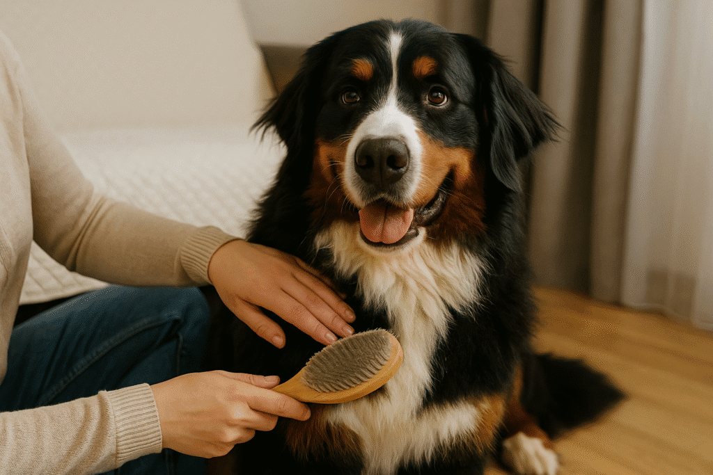 Bernese Mountain Dog Care Guide
Owner brushing Bernese Mountain Dog’s thick coat, highlighting grooming needs.
