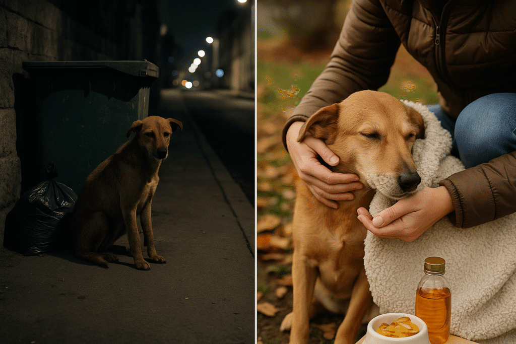 From Stray to Therapy Dog
Stray dog found near street, rescued by volunteer with blanket.