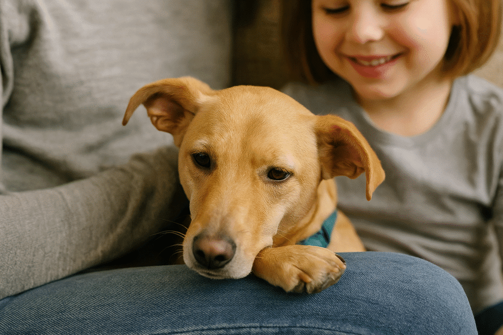 From Stray to Therapy Dog
Rescue dog resting head on child’s lap, symbolizing trust and empathy.