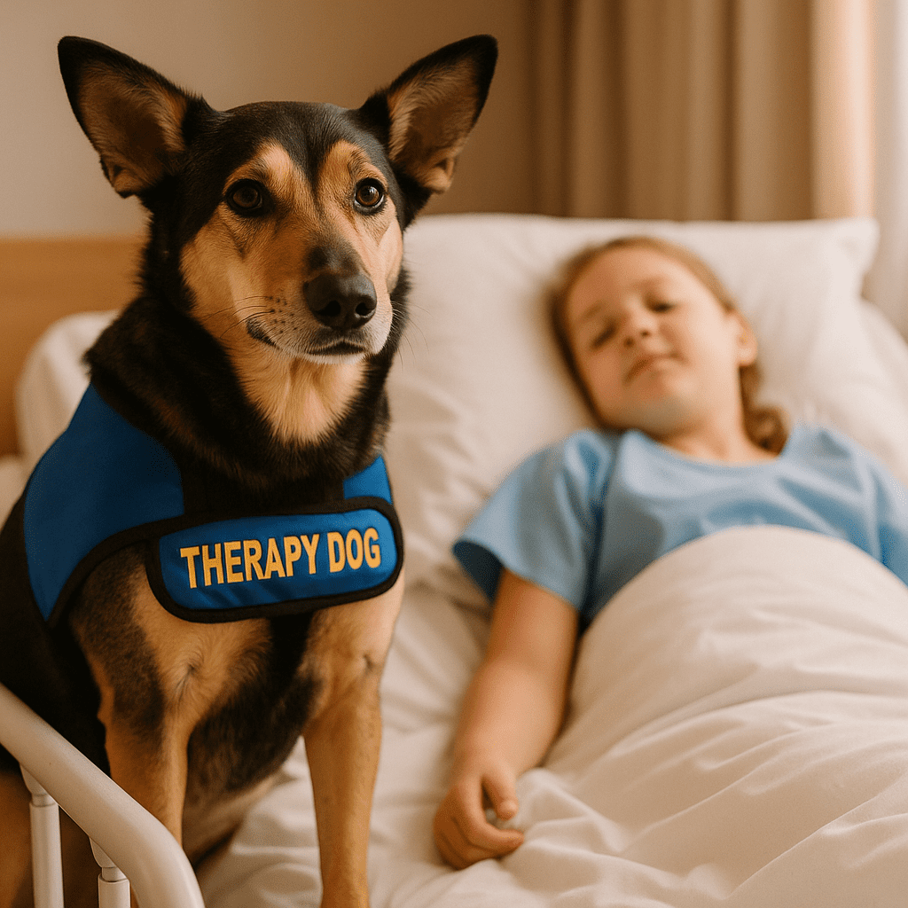 From Stray to Therapy Dog
Certified therapy dog comforting child in hospital bed.