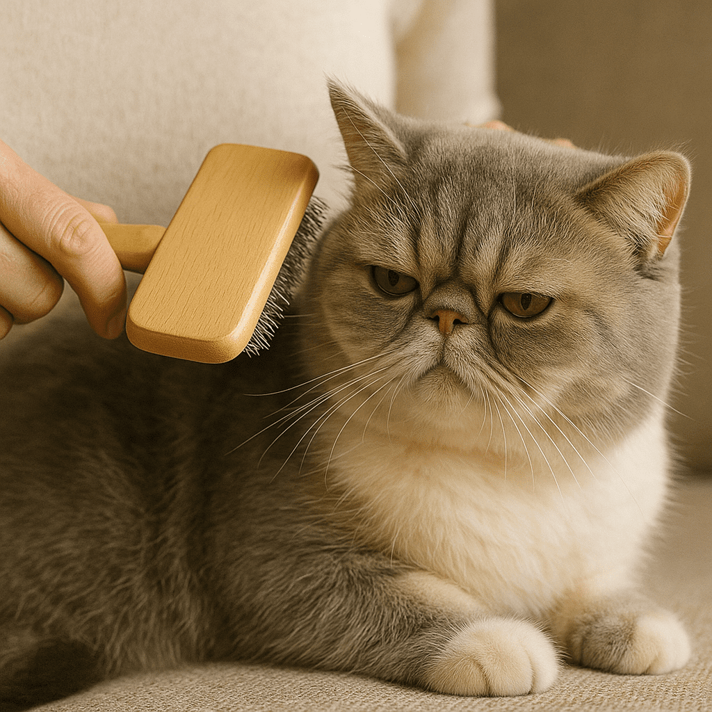 Exotic Shorthair Cat Guide
Grooming Exotic Shorthair Cat with brush, emphasizing coat care