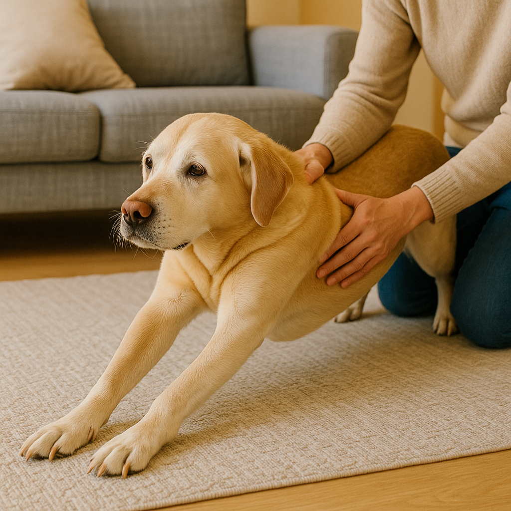 Best Dog Joint Supplements
Senior dog gently stretching on a living-room rug, representing daily joint-friendly routines.