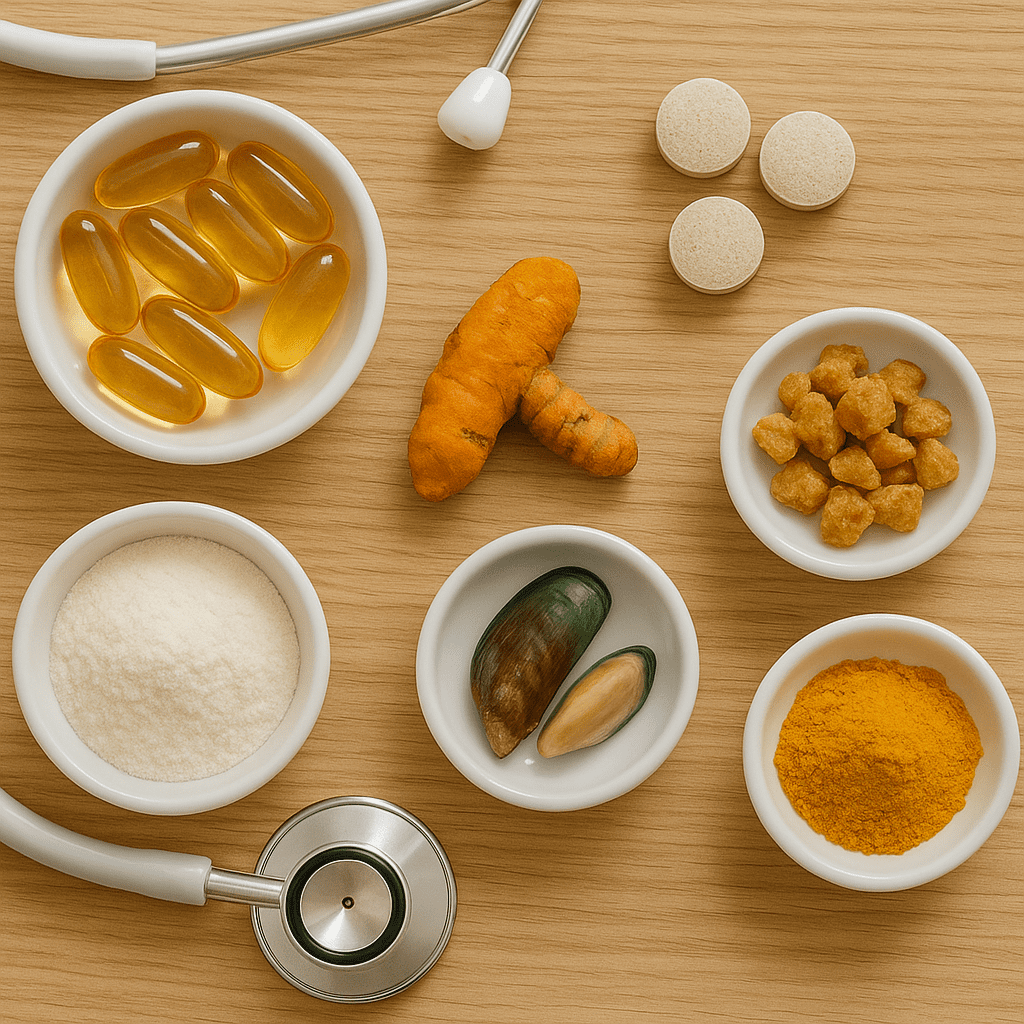 Best Dog Joint Supplements
Flat lay of canine joint-support ingredients: fish oil capsules, glucosamine tablets, MSM powder, turmeric, boswellia, and green-lipped mussel.