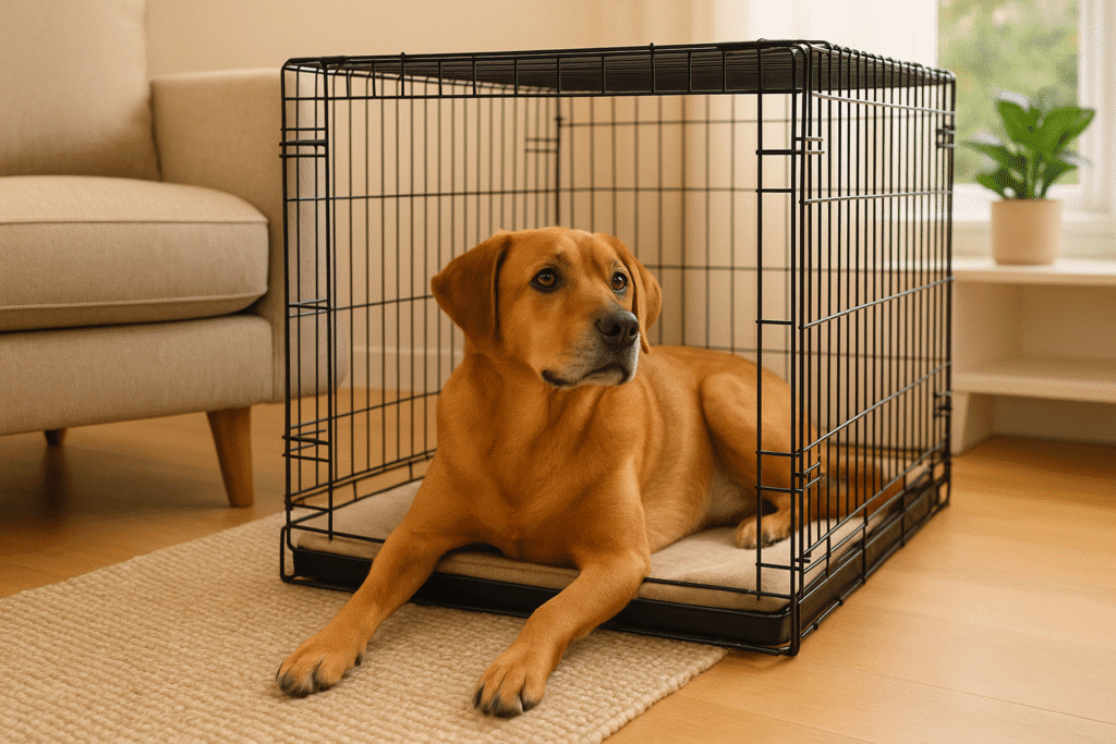 Rescue dog resting calmly inside an open crate, symbolizing safety and trust.
