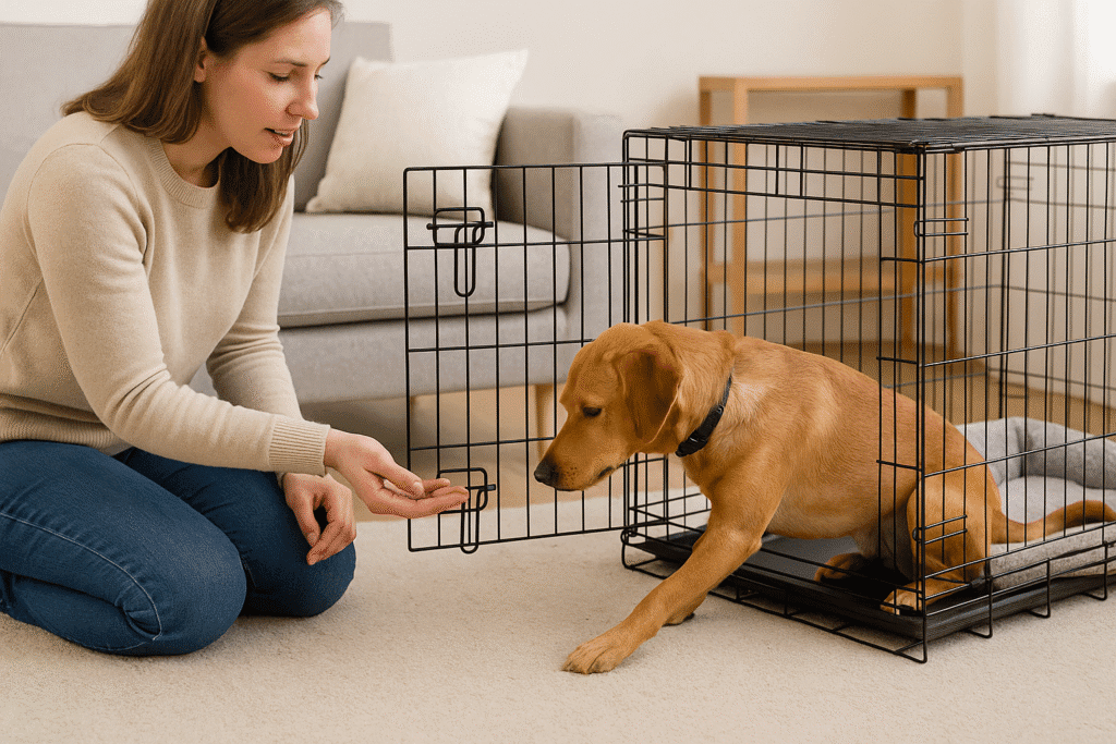How to Crate Train a Rescue Dog
Owner using treats to encourage a rescue dog to explore an open crate.
