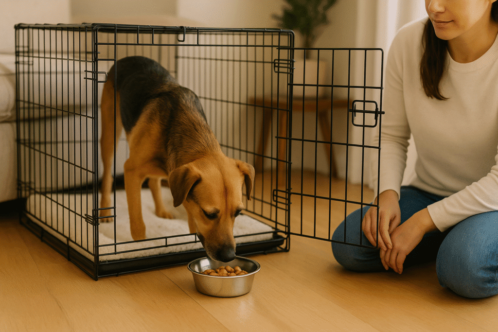 How to Crate Train a Rescue Dog
Rescue dog eating a meal inside an open crate, reinforcing positive association.