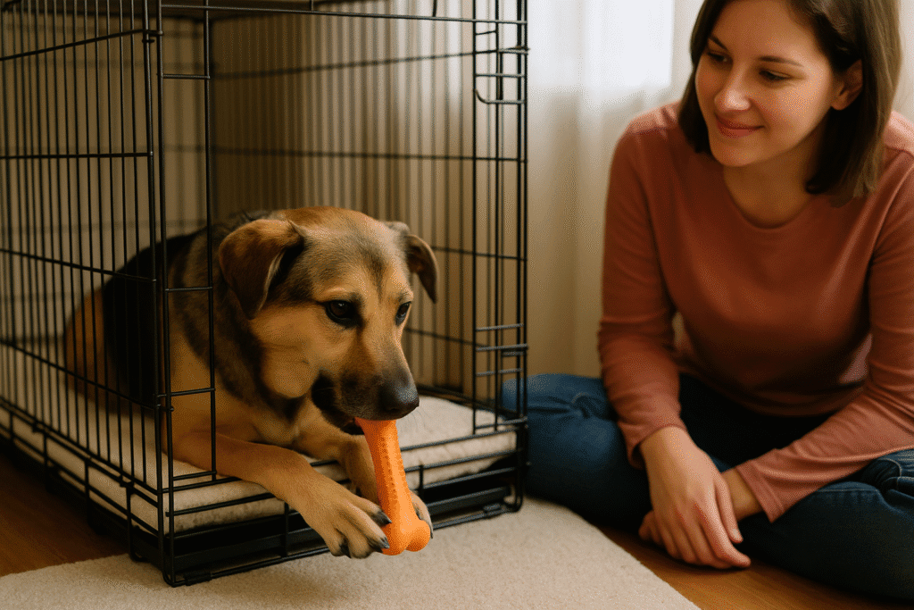 How to Crate Train a Rescue Dog
Rescue dog chewing a toy inside a crate while owner sits nearby for reassurance.