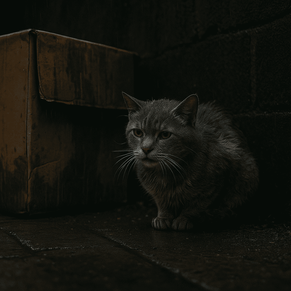 Abandoned Senior Cat Finds Love Again
Abandoned senior cat hiding under a box in a dark alley, symbolizing loneliness and struggle.