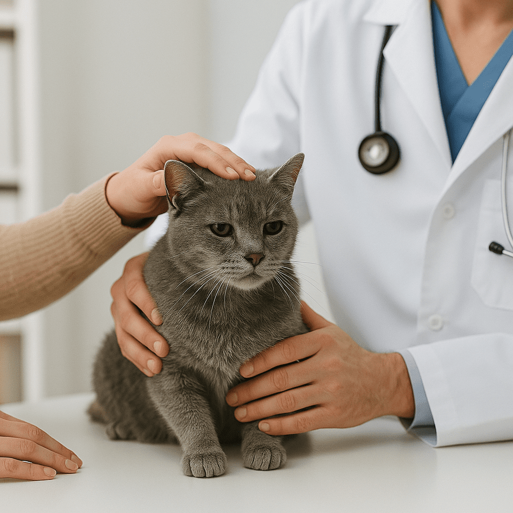 Abandoned Senior Cat Finds Love Again
Veterinarian examining a rescued senior cat with an owner nearby, symbolizing healing and care.