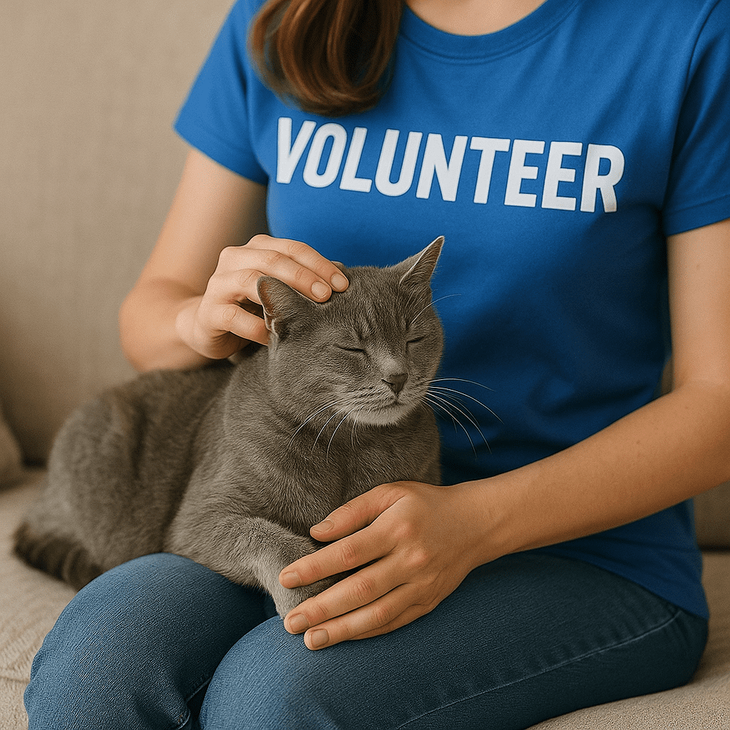Abandoned Senior Cat Finds Love Again
Rescued senior cat cuddling on a volunteer’s lap, showing trust and affection.