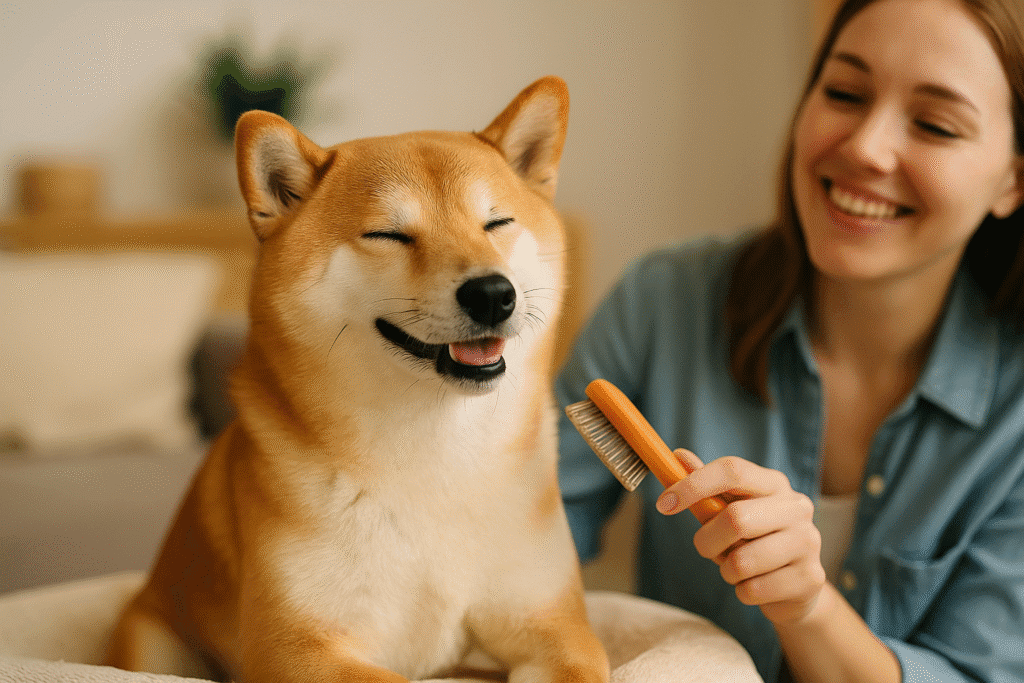 Shiba Inu Temperament
Shiba Inu being brushed gently, highlighting grooming and health care.