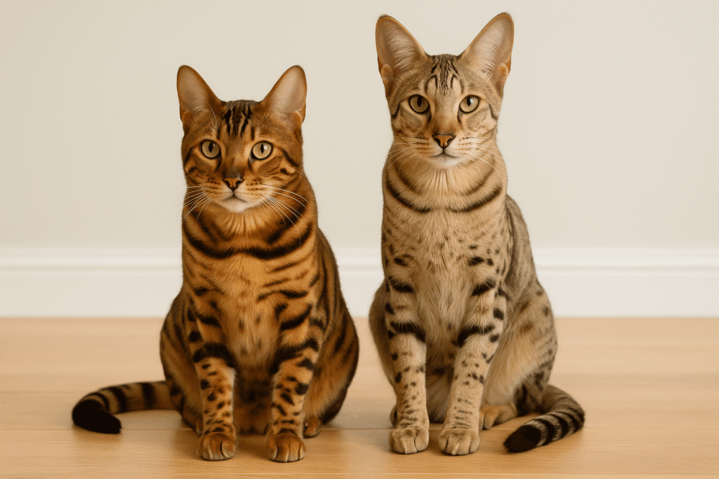 Bengal and Savannah cats sitting side by side, highlighting their differences in size, coat patterns, and appearance.
