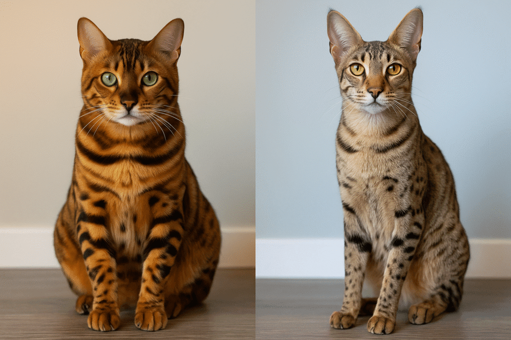 Bengal vs Savannah Cat
Close-up comparison of Bengal cat’s rosetted coat and Savannah cat’s tall build with large ears.