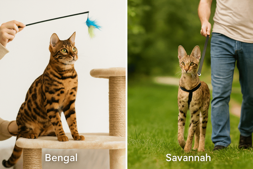 Bengal vs Savannah Cat
Owner playing with a Bengal cat on a cat tree while another owner leash-trains a Savannah outdoors.