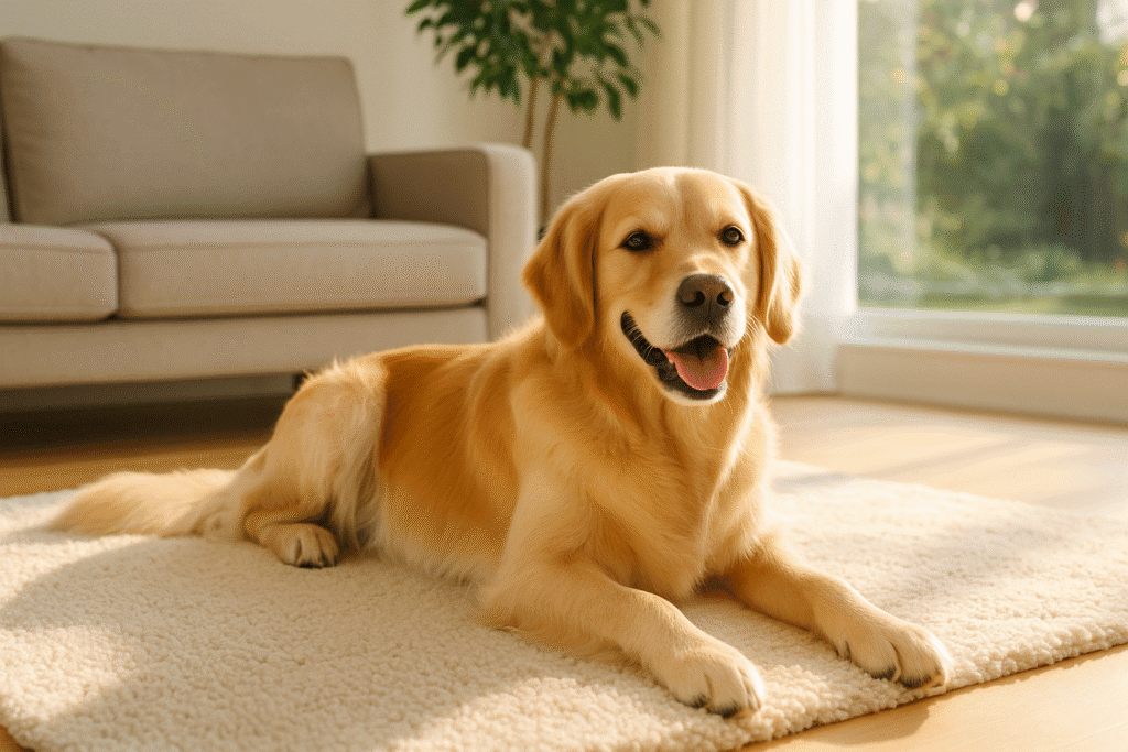 Happy dog resting comfortably on a soft rug in a sunlit living room, symbolizing relief from allergies.
