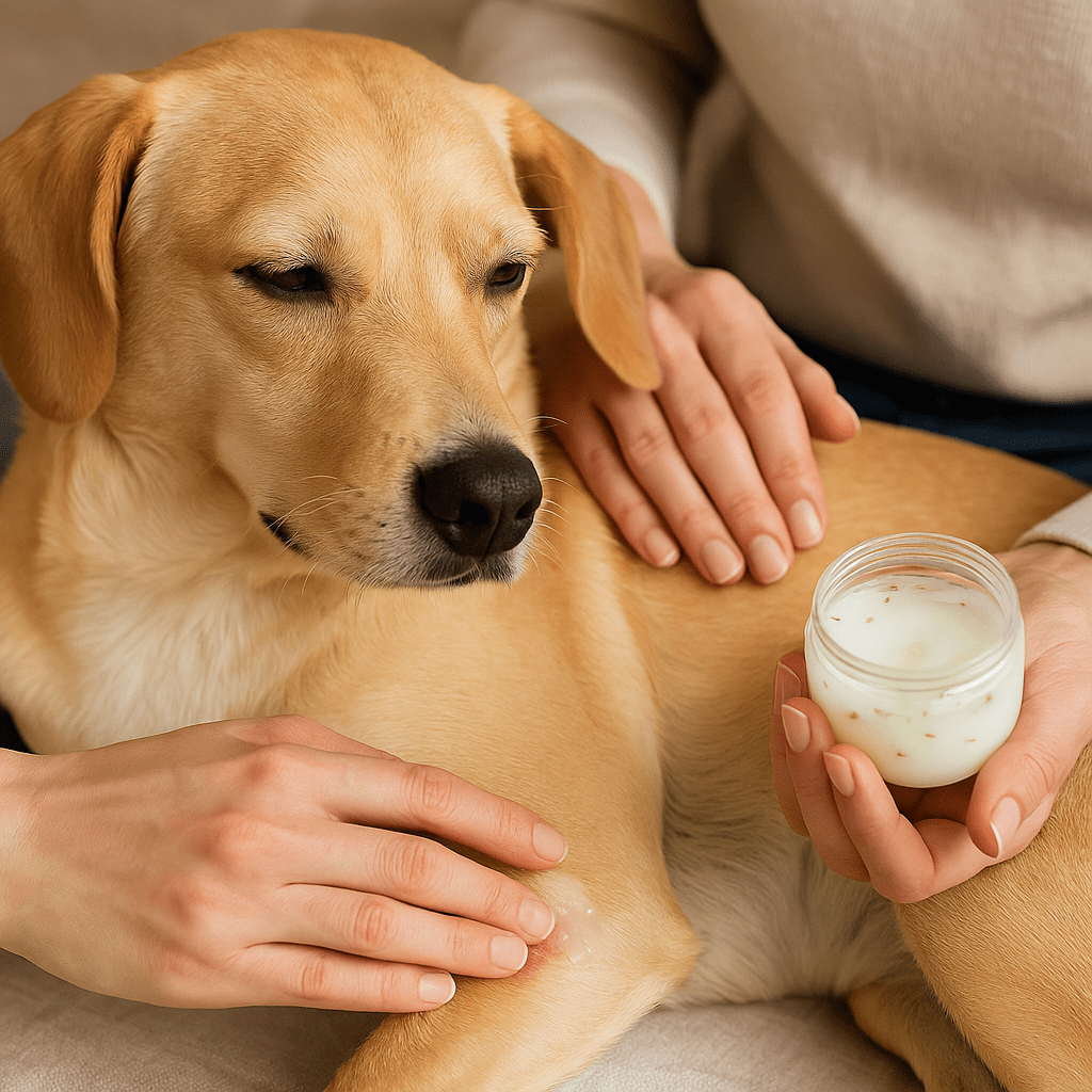 Natural Remedies for Dog Allergies
Owner applying chamomile or aloe vera remedy to a dog’s skin to ease allergy irritation.