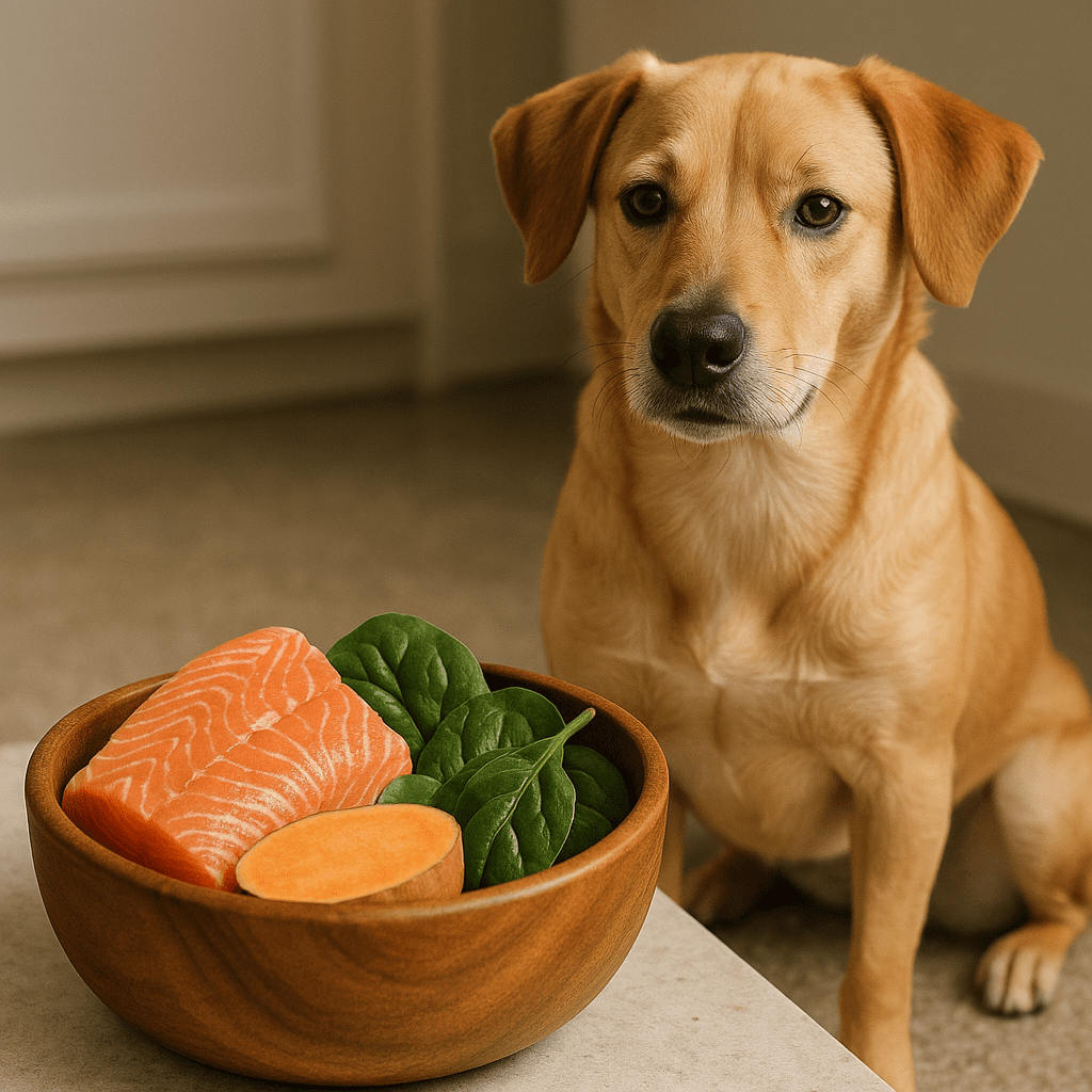 Natural Remedies for Dog Allergies
Fresh ingredients like salmon, sweet potato, and spinach prepared as part of a hypoallergenic diet for dogs.