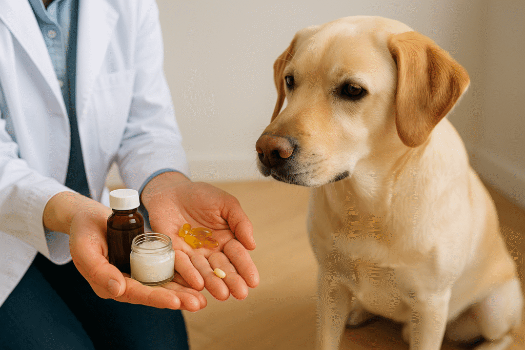 Natural Remedies for Dog Allergies
Dog sitting calmly as owner shows natural supplements like fish oil, coconut oil, and vitamin E for allergy relief.