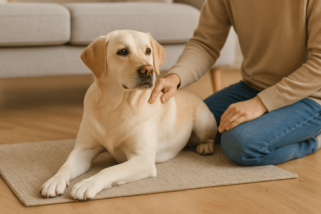 Dog resting calmly on a mat while owner gently reinforces relaxation, symbolizing the settle command.