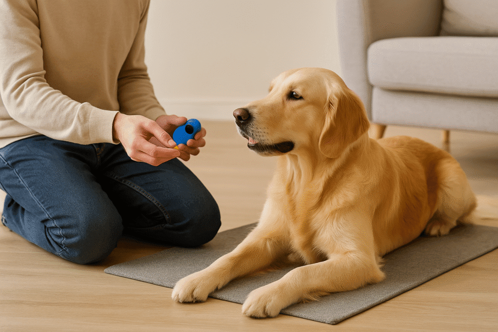 How to Teach Your Dog to Settle on Command
Owner rewarding a dog with a treat as it lies down calmly, reinforcing the “settle” cue.