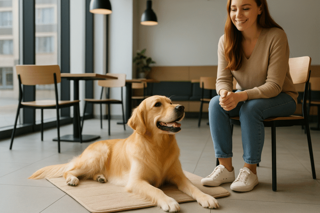 How to Teach Your Dog to Settle on Command
Dog lying calmly on a mat at an outdoor café, showing success of settle training with distractions.