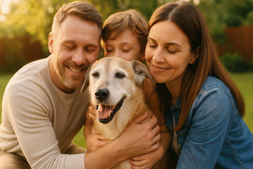 Senior rescue dog being lovingly embraced by a new family in a sunlit backyard, symbolizing adoption and second chances.
