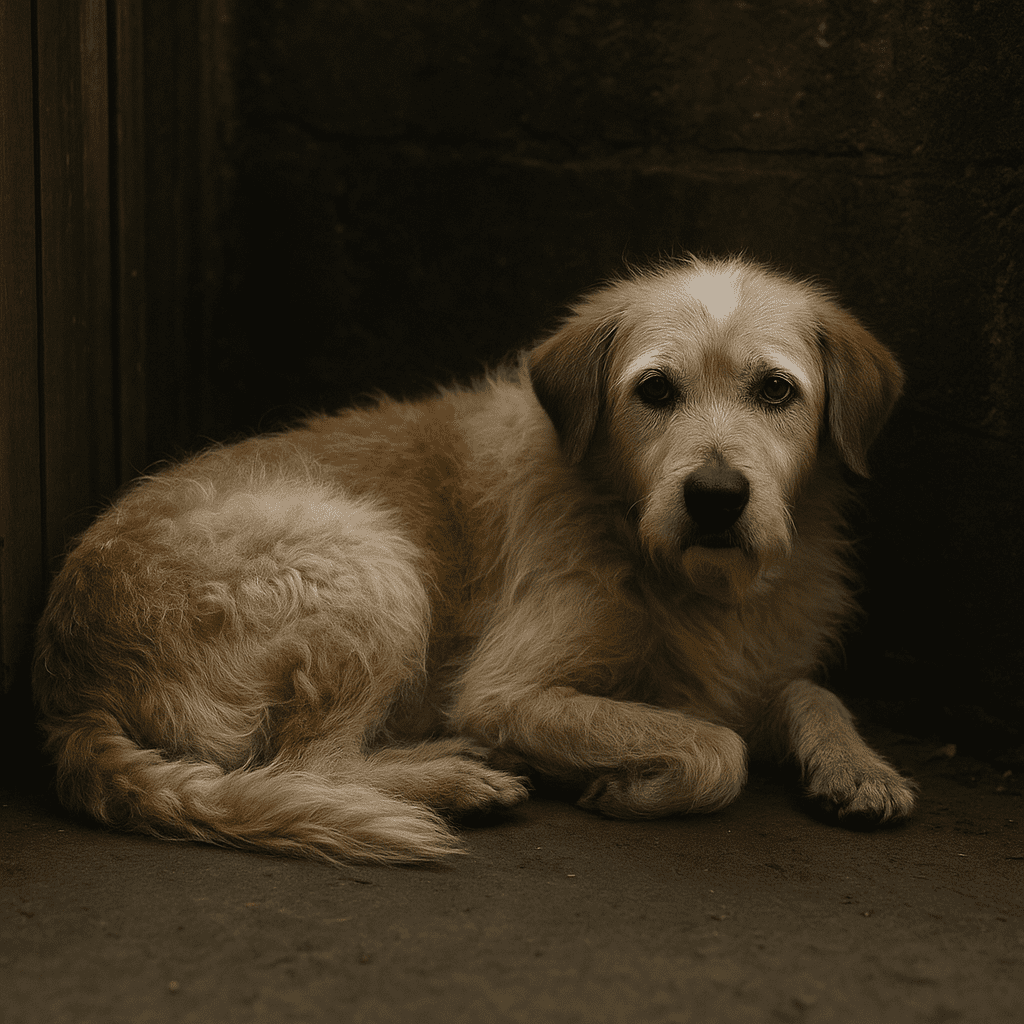 Senior Dog Rescue
Neglected senior dog with matted fur curled up in a dark corner, symbolizing abandonment.